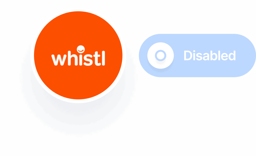 A logo showing the word 'whistl' against a red background, and 'disabled' against a blue background