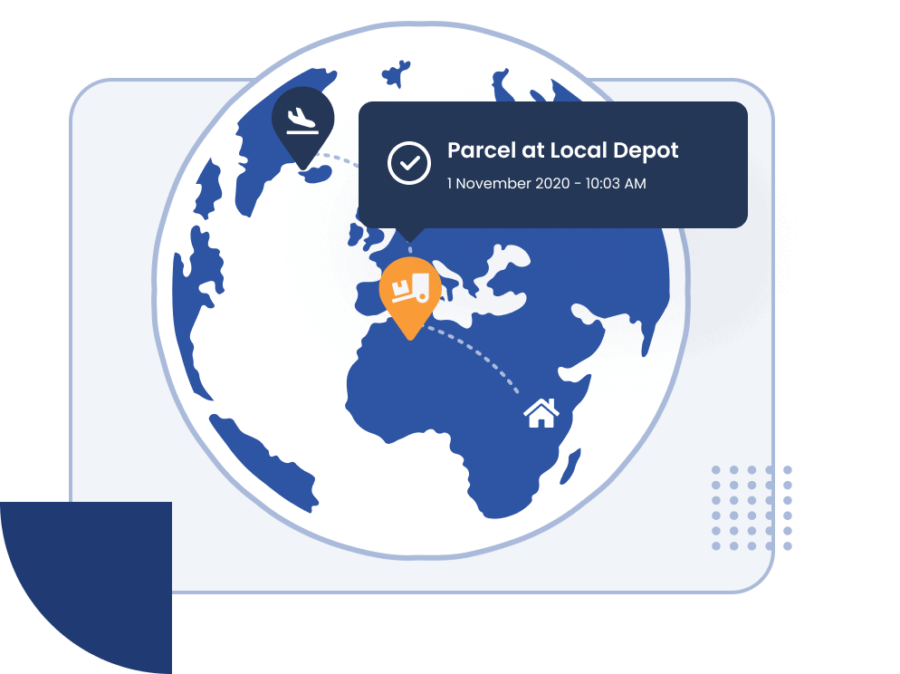 A graphic of the globe, showing a parcel in transit