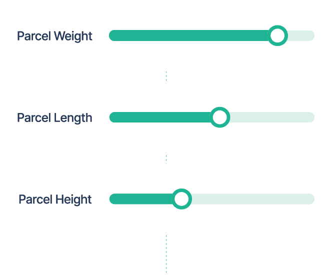 A graphic showing the interface to change the specifications of the parcel size. Length, height, weight etc.