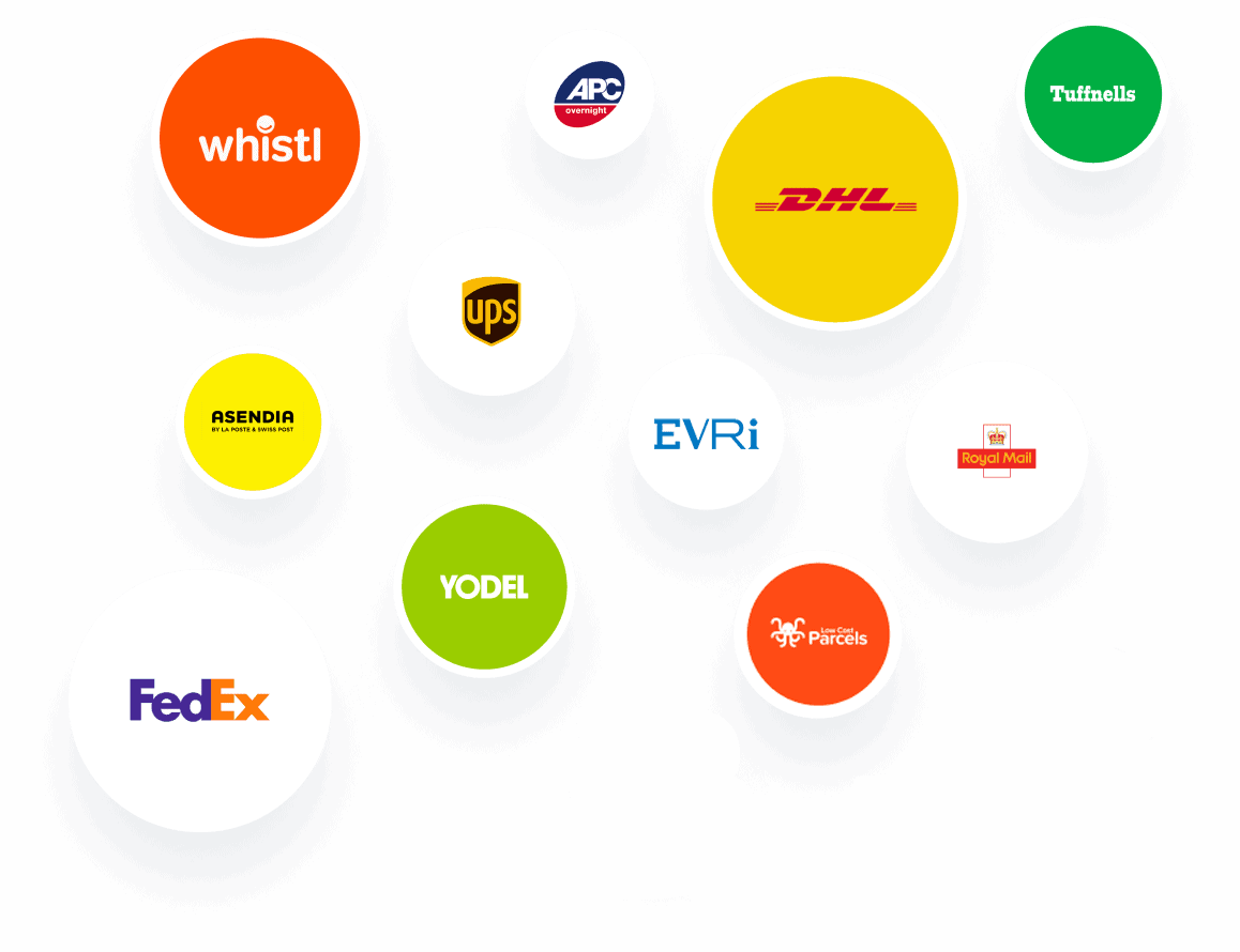 Eine Grafik mit 11 verschiedenen Kurierlogos wie DHL und FedEx
